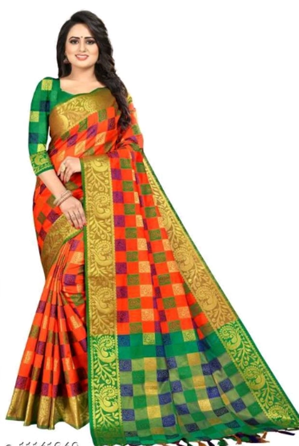 ADRIKA  Banarasi Silk  Saree With Banarsi Silk Separate Blouse Piece - Free Size, Orange/  Green, Banarasi Silk, Pack of 1